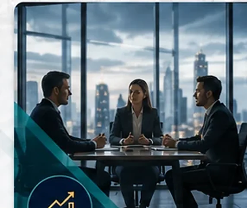 Reunião executiva em ambiente corporativo